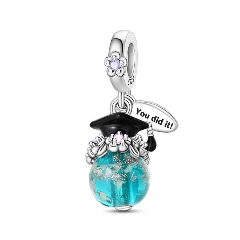 925 Sterling Silver Graduation Mortarboard Charm with Zircon Beads for DIY Bracelet Fine Jewelry Gift