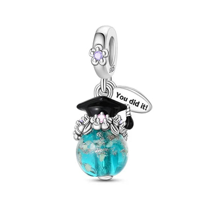 925 Sterling Silver Graduation Mortarboard Charm with Zircon Beads for DIY Bracelet Fine Jewelry Gift