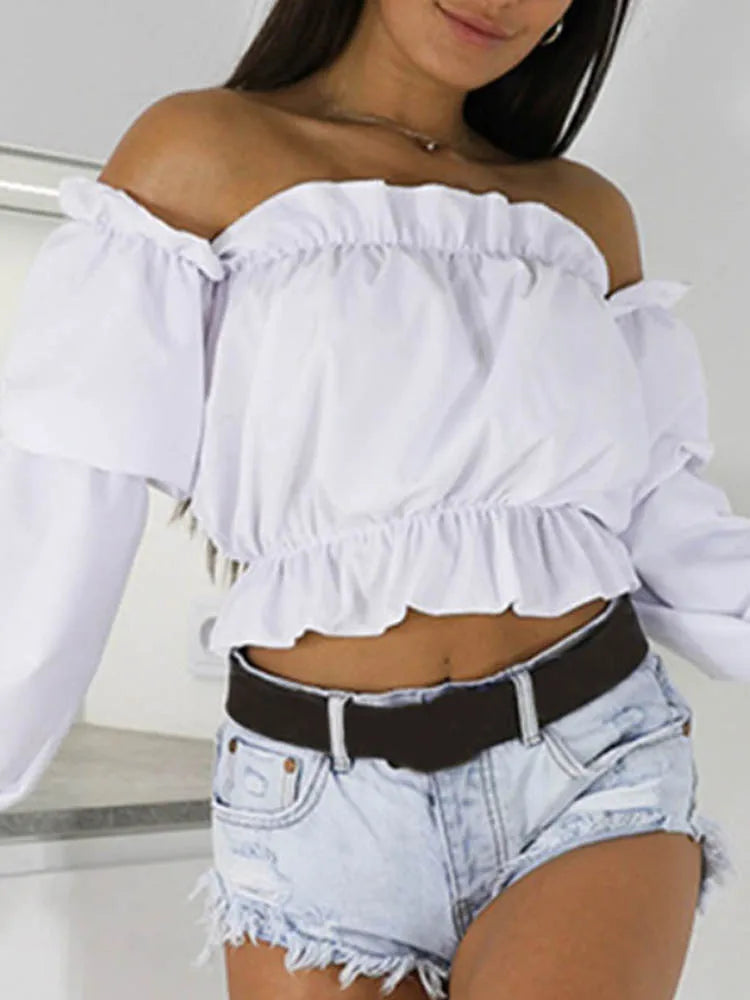 Candy Color Off Shoulder Crop Top Dot Print Lantern Sleeves