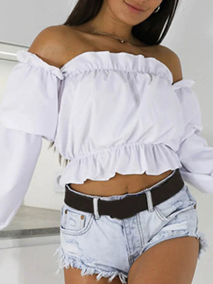 Candy Color Off Shoulder Crop Top Dot Print Lantern Sleeves