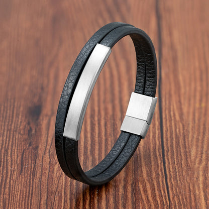 Luxury Men's Leather Bracelet Hand-Woven Multilayer Vintage Bangle with Stainless Steel Clasp