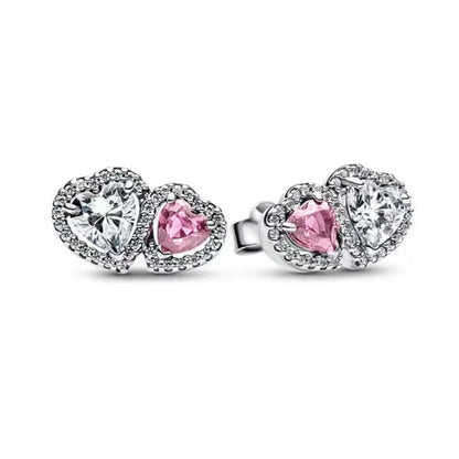 European 925 Silver Heart Shaped Earrings with Pink Red Green Zircon for Women Exquisite Holiday Jewelry Gifts