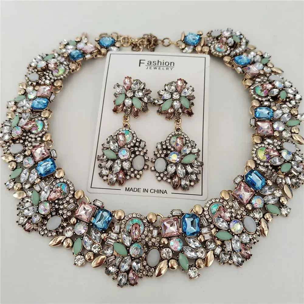 Indian Ethnic Crystal Rhinestone Necklace Earrings Set for Bridal 2024 Colorful Sets