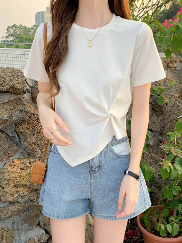 Y2K Irregular Slim O Neck Tee Women Summer Skinny Solid
