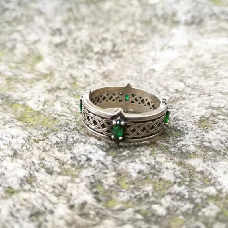 Vintage Green Gemstone Celtic Knot Adjustable Ring for Men and Women