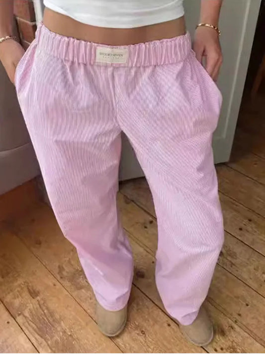 Pink Stripe Elastic Waist Pocket Pants Loose Straight Leg