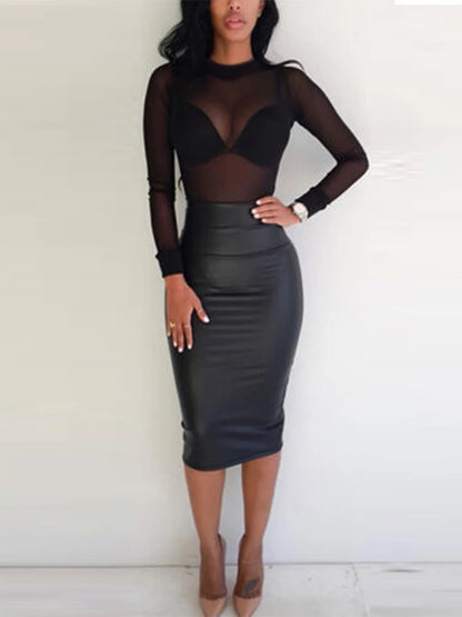 Dozw Women See Through Mesh Top Long Sleeve Turtleneck