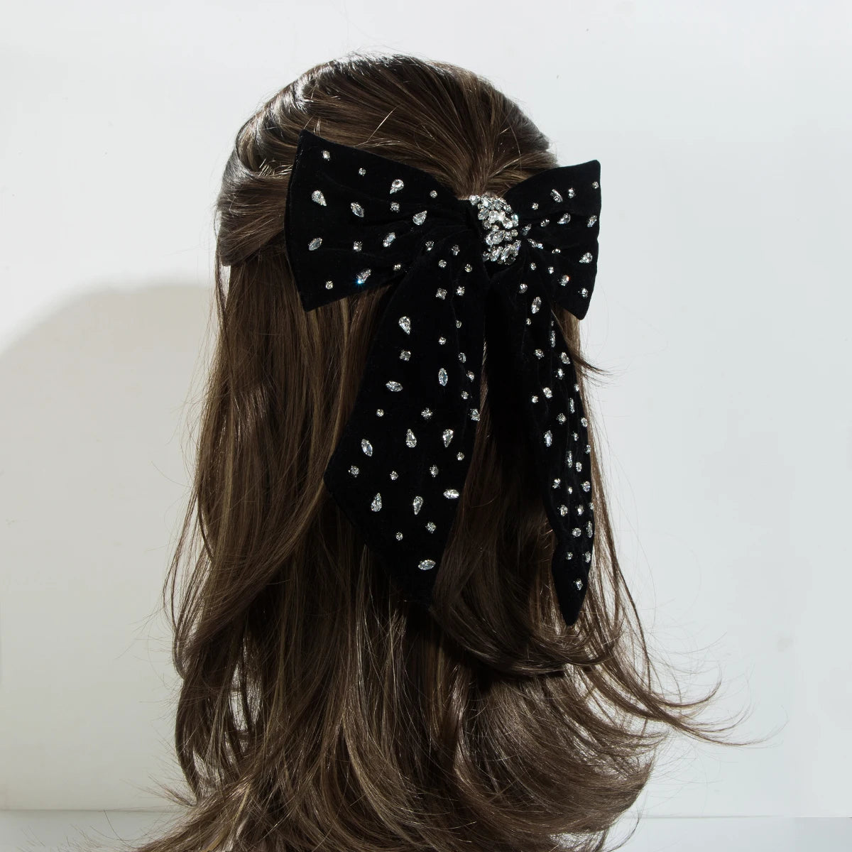 Korean Style Flocked Fabric Hair Clip with Diamonds Large Bow High-Quality Spring Clip for Women