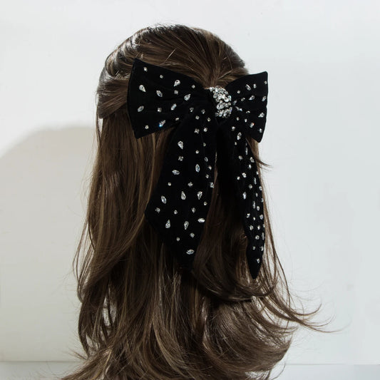 Korean Style Flocked Fabric Hair Clip with Diamonds Large Bow High-Quality Spring Clip for Women