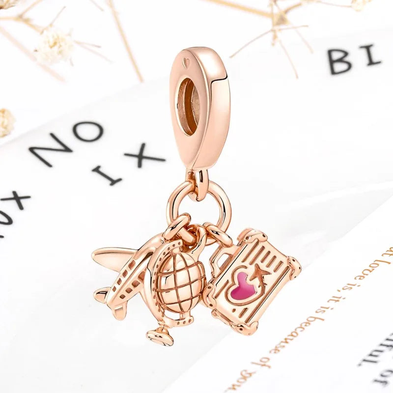 Rose Gold Winged Angel Heart Charm Bead Pink Daisy Spacer