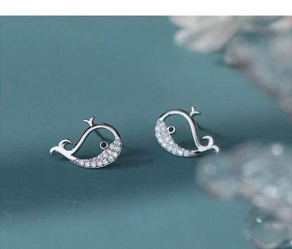 Sterling Silver Whale Stud Earrings for Women with Zircon Gemstones