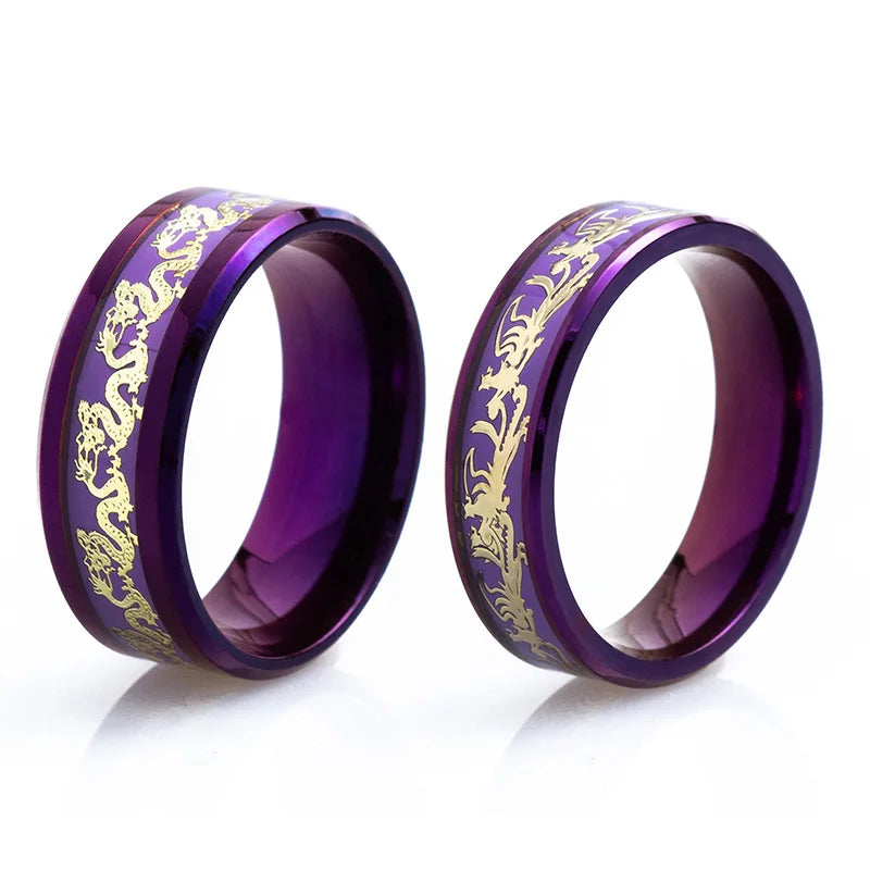 Purple Dragon Phoenix Stainless Steel Couple Rings for Wedding and Gift