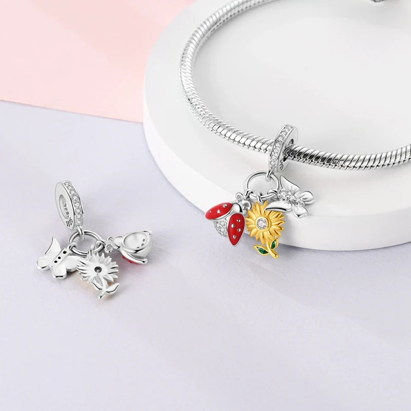 Sterling Silver Heart Sunflower Charm Pendant For Bracelet