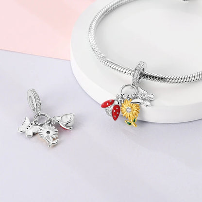 Sterling Silver Heart Sunflower Charm Pendant For Bracelet