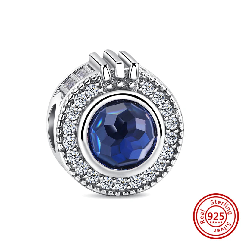 Sterling Silver Blue Zircon Feather Crown Moon Pendant Charm Bracelet Beads H199 3mm-4mm