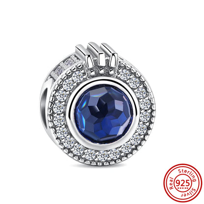 Sterling Silver Blue Zircon Feather Crown Moon Pendant Charm Bracelet Beads H199 3mm-4mm