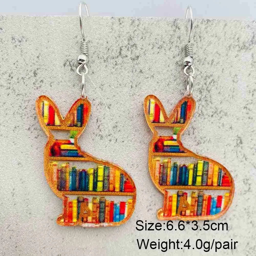 Cat Bookcase Dangle Earrings for Women Geometric Acrylic Rabbit Love Jewelry Gift for Teachers and Readers