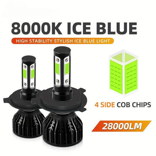 Ice Blue Universal LED Headlights 28000LM 4-Side COB 200W 360° Beam for Cars