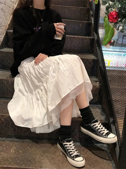 Autumn 2024 Long Tulle Midi Skirt Women Elastic Waist