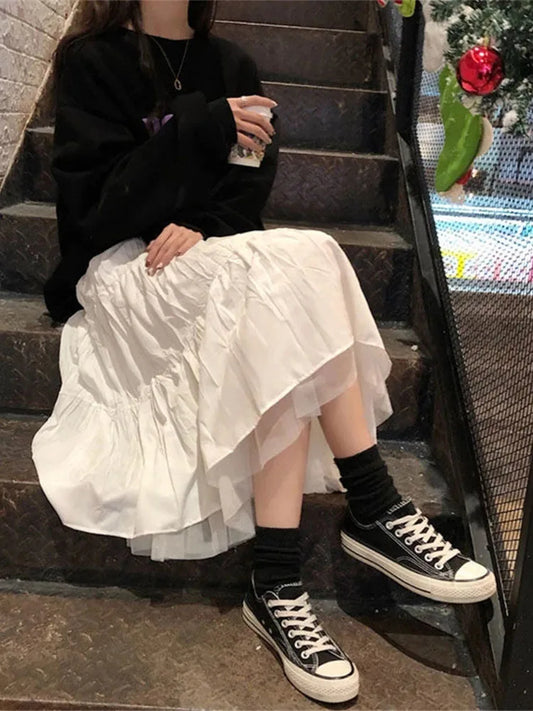 Autumn 2024 Long Tulle Midi Skirt Women Elastic Waist