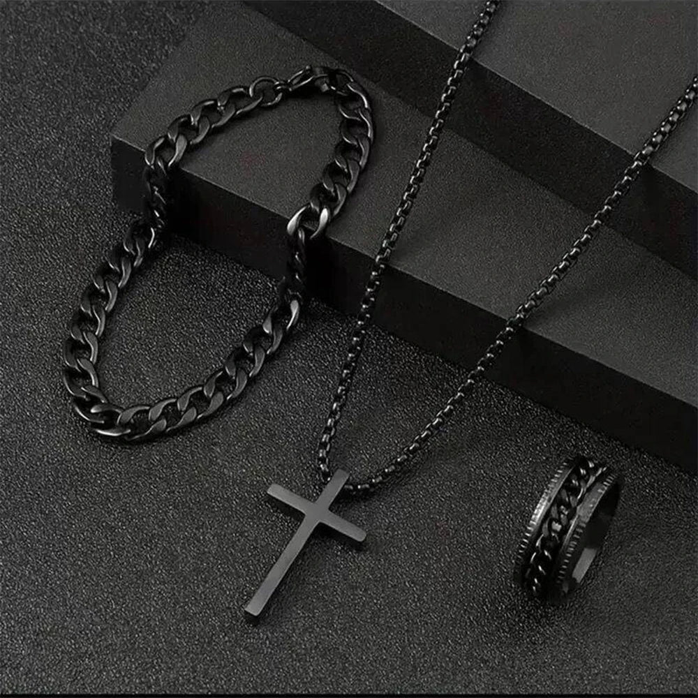 Men's Stylish Black Stainless Steel Cross Necklace, Ring, and Bracelet Set - Non-Fading Jewelry for Weddings and Parties