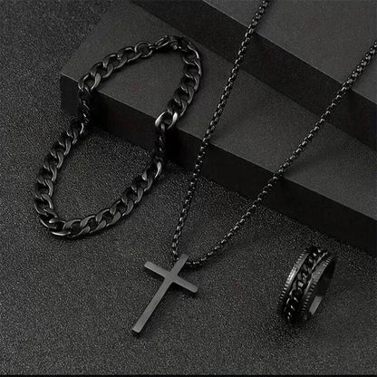 Men's Stylish Black Stainless Steel Cross Necklace, Ring, and Bracelet Set - Non-Fading Jewelry for Weddings and Parties