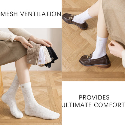 Kawaii Japanese Embroidered Cotton Mid Calf Socks 5 Pairs