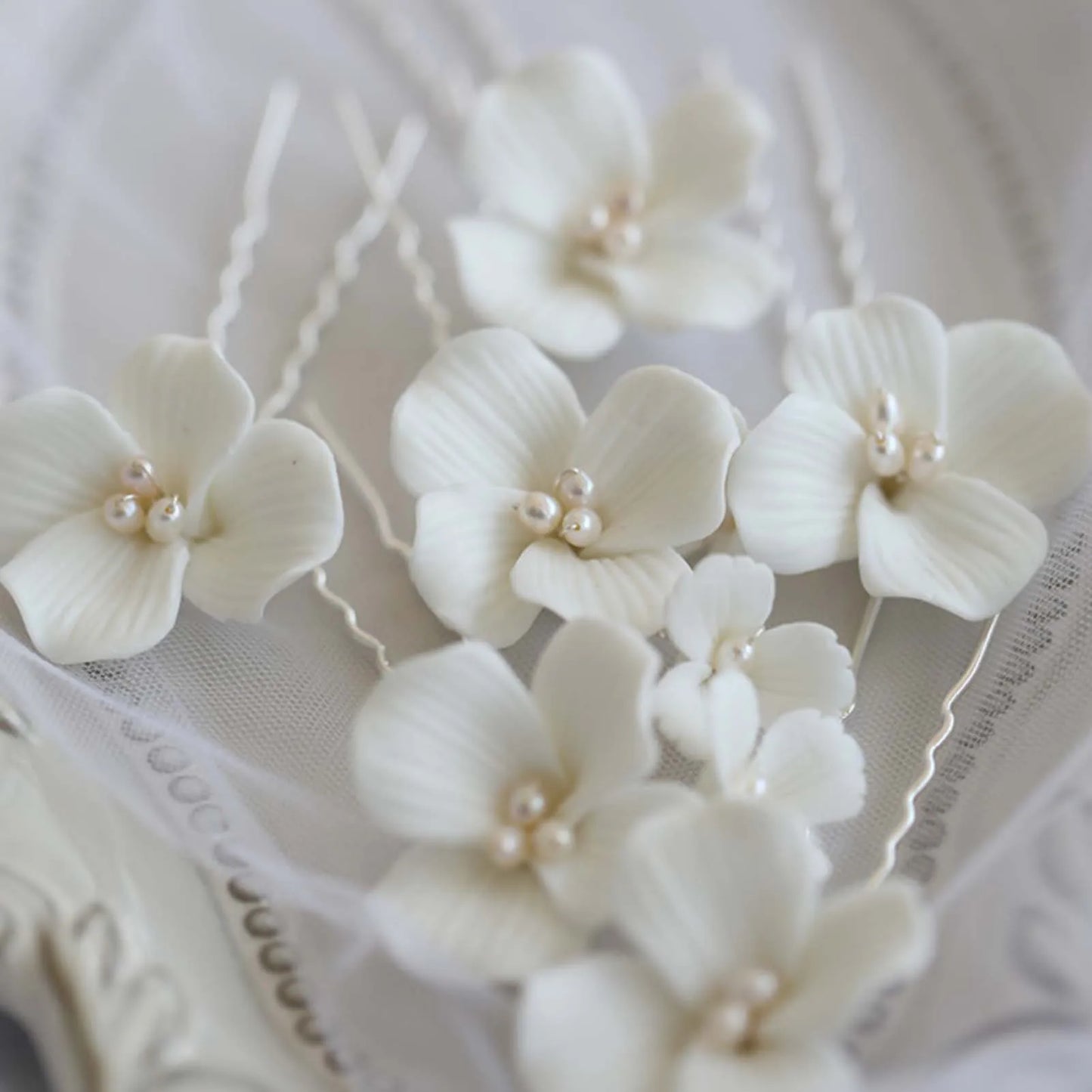 White Floral Ceramic Hairpins for Elegant Bridal Hairstyles