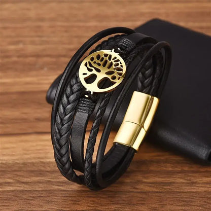 Men's Leather Bracelet with Stainless Steel Tree of Life Charm - Stylish Multi-Layer Fashion Accessory