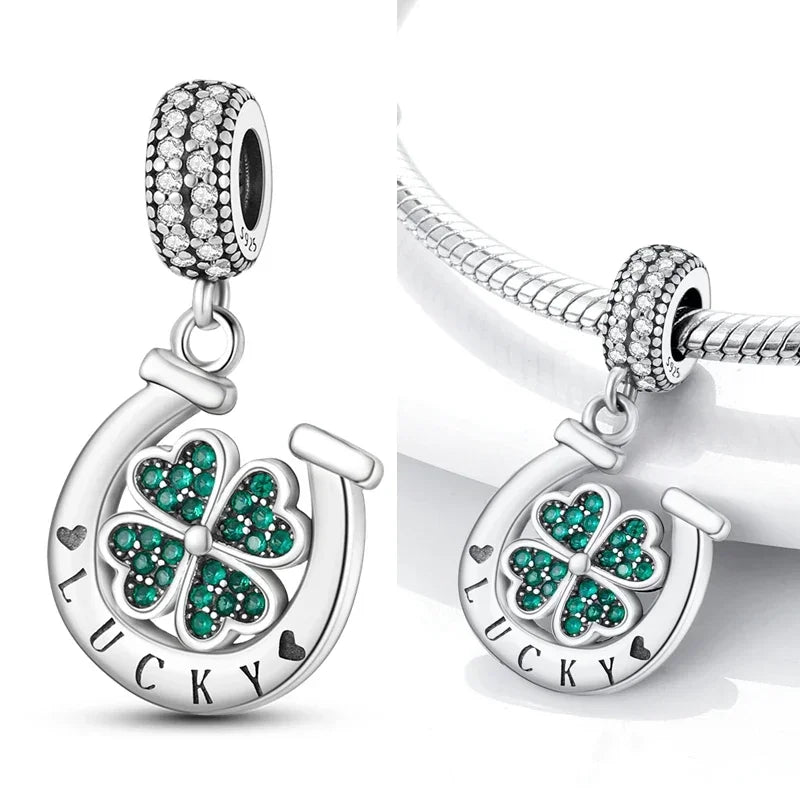 925 Sterling Silver Lucky Four Leaf Clover And Horseshoe Charms With Green Zircon For Bracelet Necklace Earrings