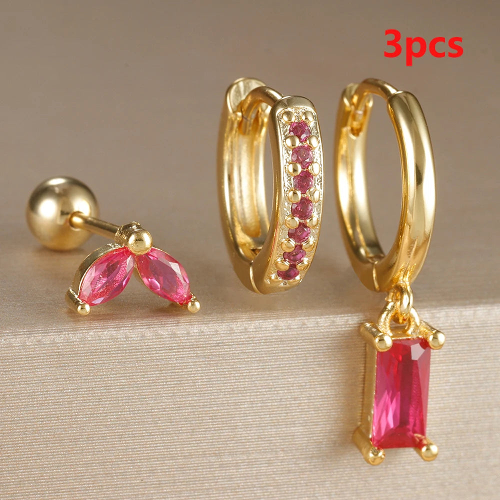 Elegant Rose Red Zircon Stainless Steel Hoop Earrings Set for Women