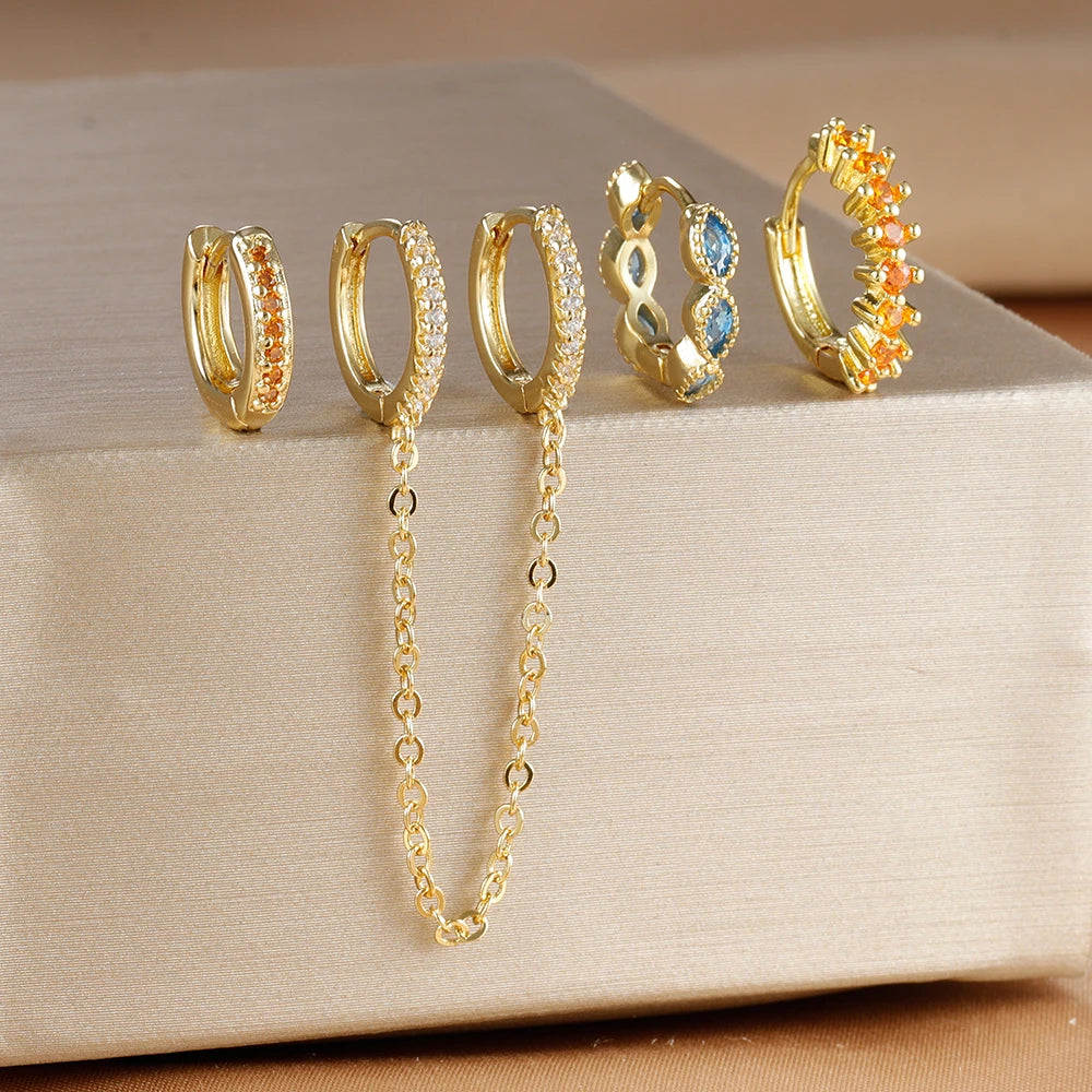 4PCS Gold Plated Stainless Steel Cubic Zirconia Star Leaves Hoop Earrings Set for Women
