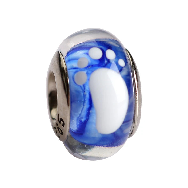 925 Sterling Silver Murano Glass Footprint Charm Colorful Zircon Bead for Women DIY Necklace and Bracelet Jewelry