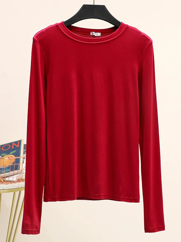 Modal Cotton Long Sleeve O Neck Womens Autumn Basic Tee