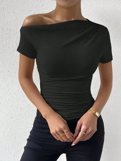 Women One Shoulder Ruched Tee Slim Fit Casual Summer Top