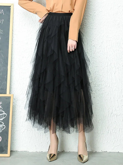 Korean Style Tutu Tulle Long Maxi Skirt For Women High Waist