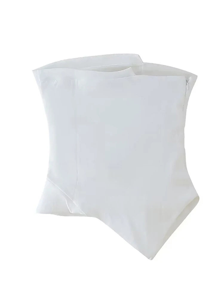 Women Fashion Strapless Pleats Asymmetrical Top Female Casual Sexy Slim Fitting Side Zipper Solid Crop Top