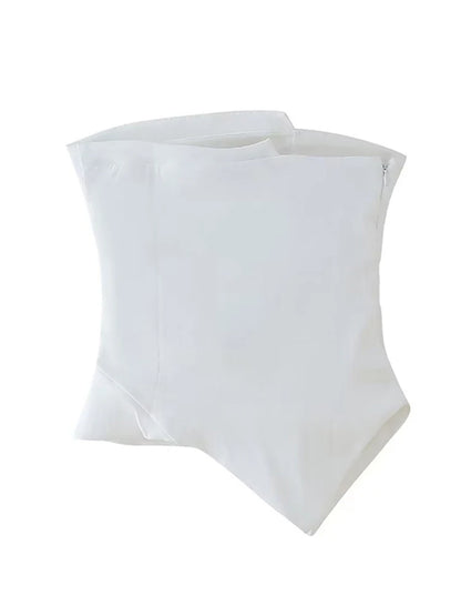 Women Fashion Strapless Pleats Asymmetrical Top Female Casual Sexy Slim Fitting Side Zipper Solid Crop Top