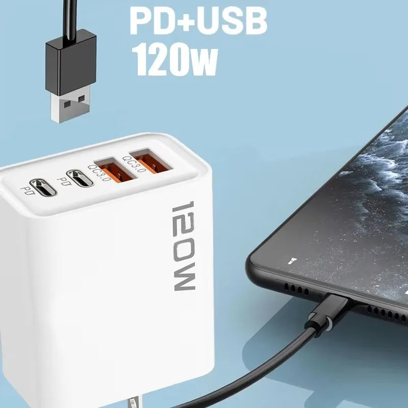 120W 4 Port USB C Fast Charger With Data Cable 2 USB C 2 USB A Ports For Samsung iPhone Xiaomi Huawei
