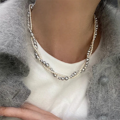 Elegant Double Layer Imitation Pearl Choker Necklace with Magnetic Clasp