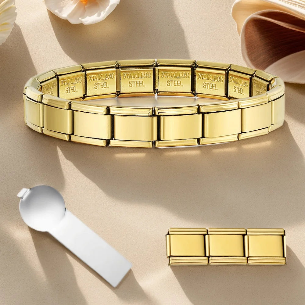 Elegant Gold-Tone Unisex Charm Bracelet Italian Link Stainless Steel 9mm