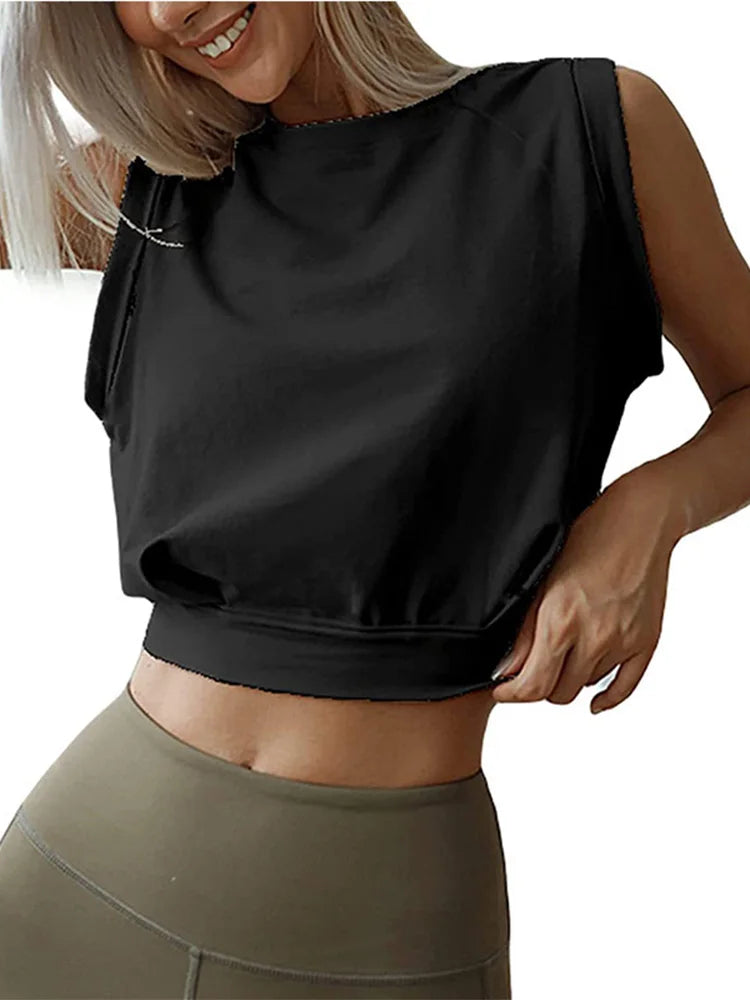 Women Cute Cotton Crop Top Sleeveless Yoga Fitness Tee