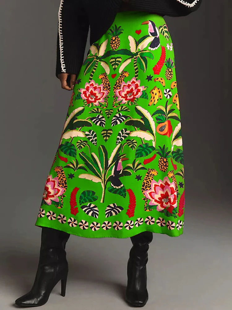 Casual Tropical Plant Print Retro Mid Calf Skirt For Women