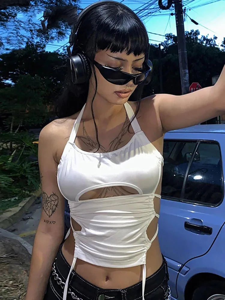 Y2K Backless White Crop Top Hollow Out Bandage Halter Tank