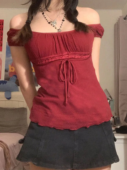 Off Shoulder Lace Top For Women 2000s Aesthetic Streetwear