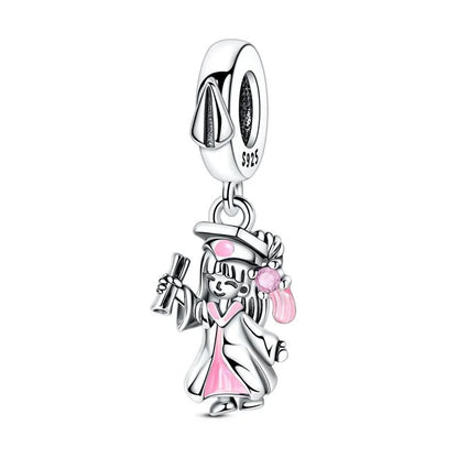 925 Sterling Silver Graduation Mortarboard Charm with Zircon Beads for DIY Bracelet Fine Jewelry Gift