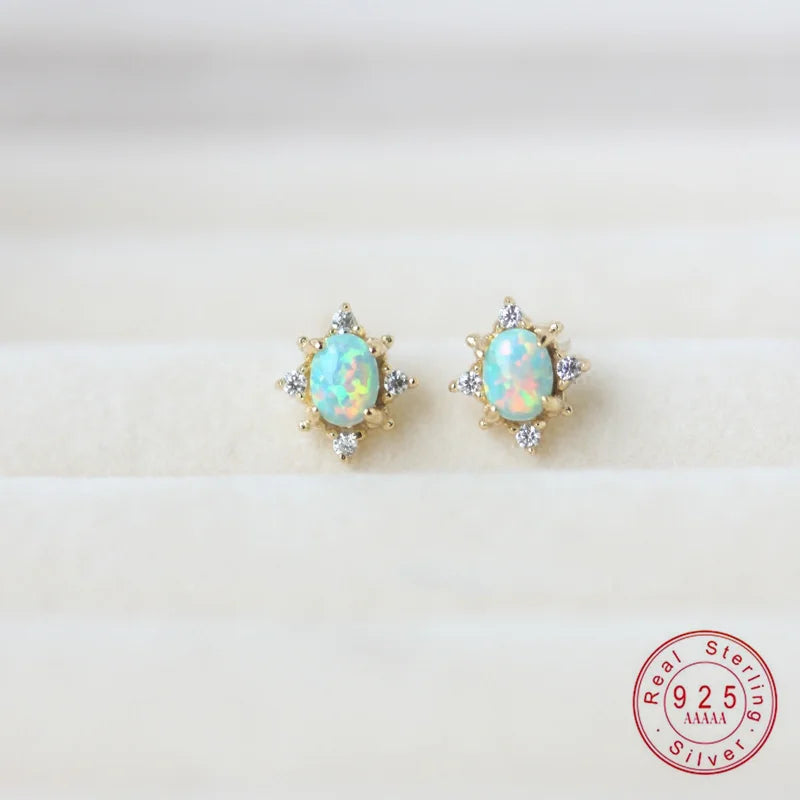 Vintage 925 Sterling Silver Opal Stud Earrings for Women Birthday Party Gift
