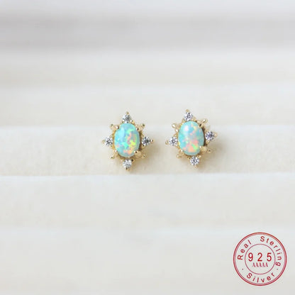 Vintage 925 Sterling Silver Opal Stud Earrings for Women Birthday Party Gift