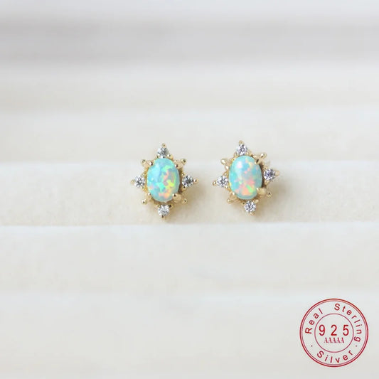 Vintage 925 Sterling Silver Opal Stud Earrings for Women Birthday Party Gift