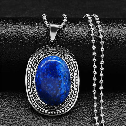 Stainless Steel Lapis Lazuli Long Bohemia Charm Necklace for Unisex Fashion Jewelry